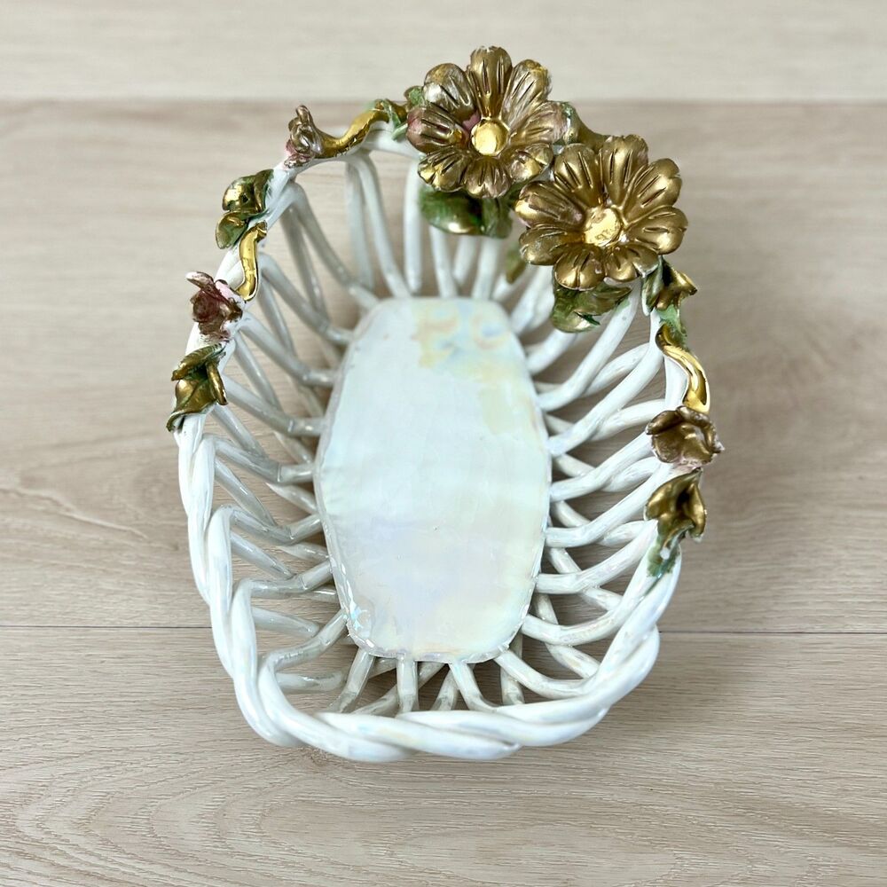 Vintage Capodimonte Italy (SIGNED) Iridescent Porcelain Open Lattice Weave Bowl